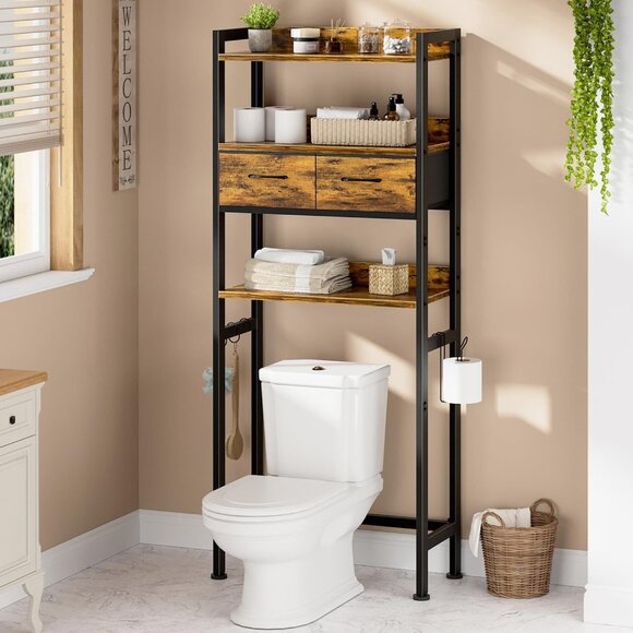68" Over-the-Toilet Storage Shelf with 2 Fabric Drawers - Rustic Brown - Picture 1 of 6
